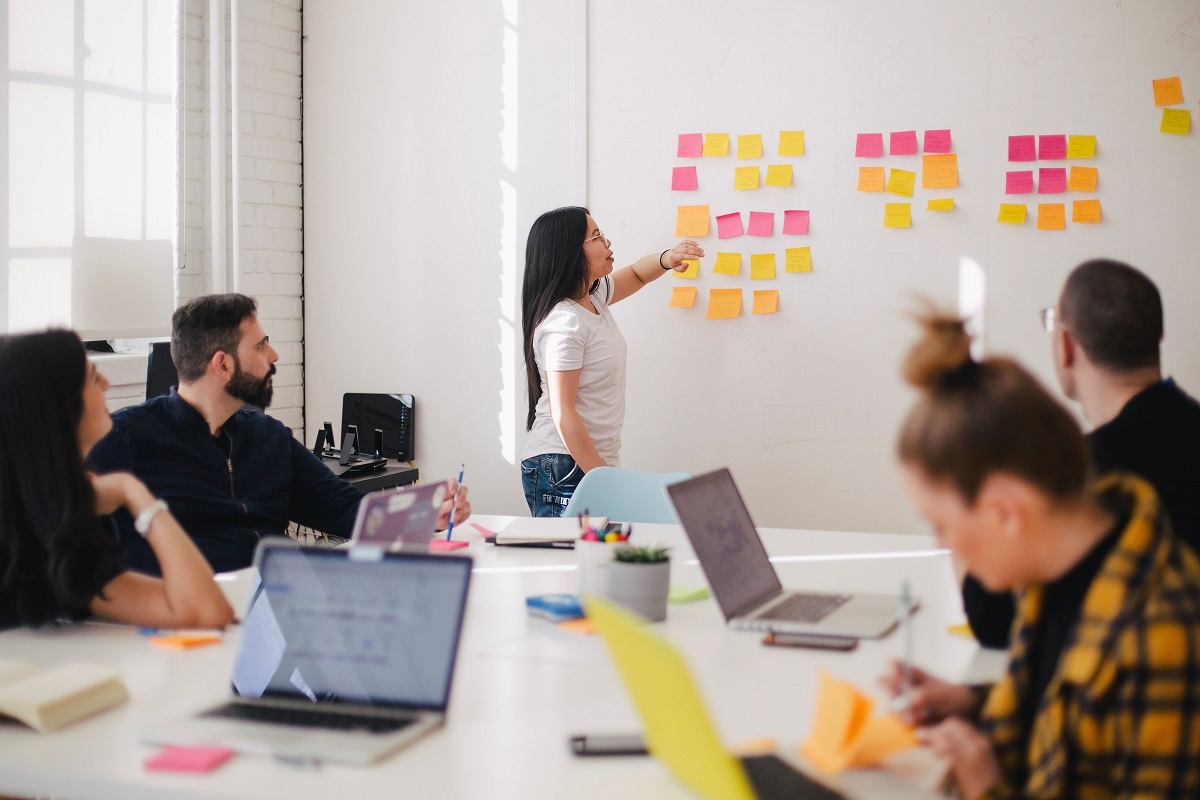 Homens e mulheres em um escritório trabalhando com post its