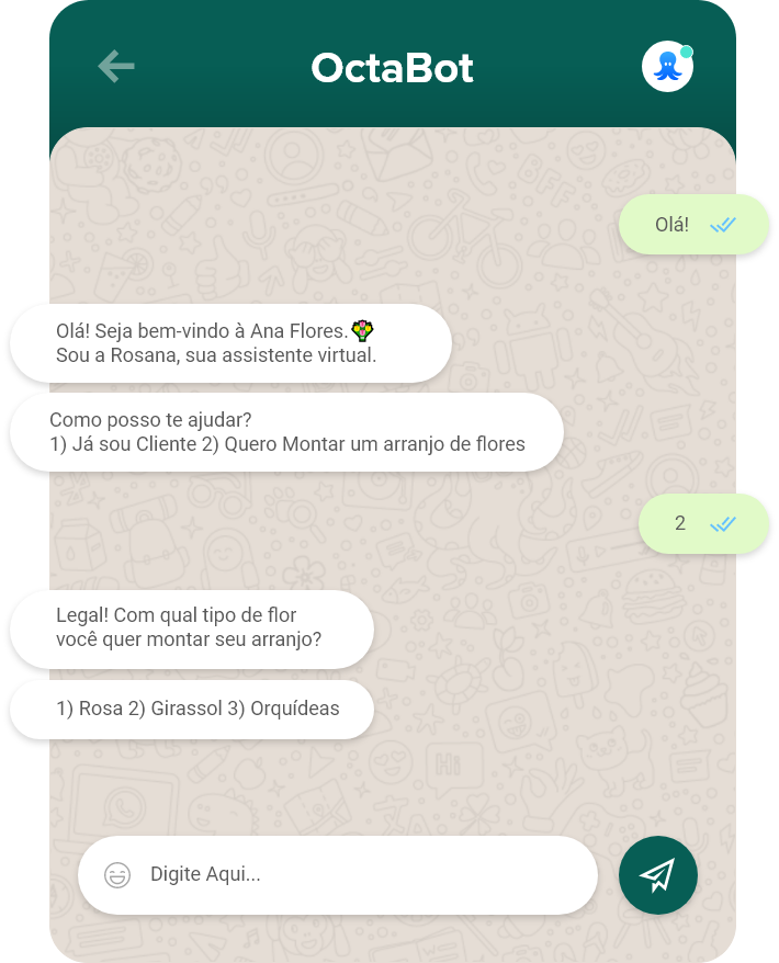 Tela de uma conversa entre humano e bot no WhatsApp