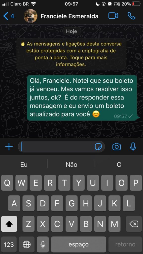 Mensagem de cobrança para atendimento ao cliente WhatsApp