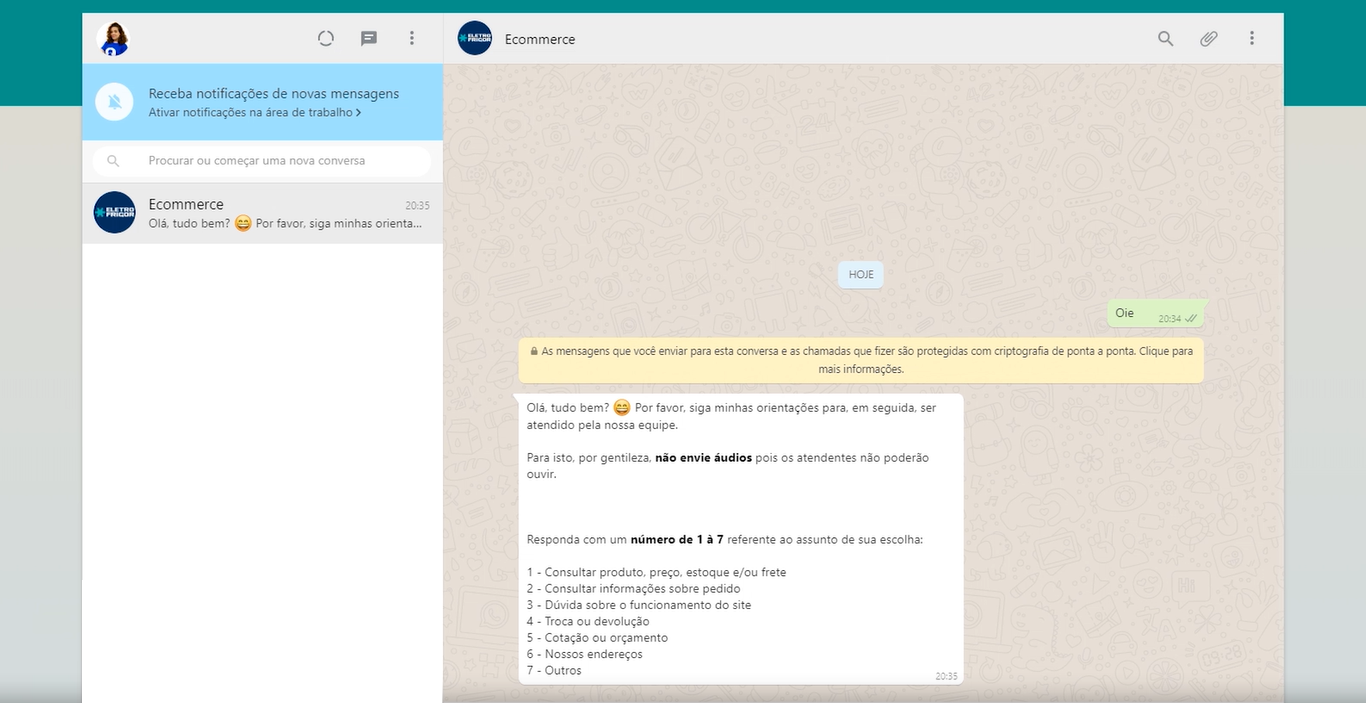 chatbot whatsapp sendo mostrado em uma conversa