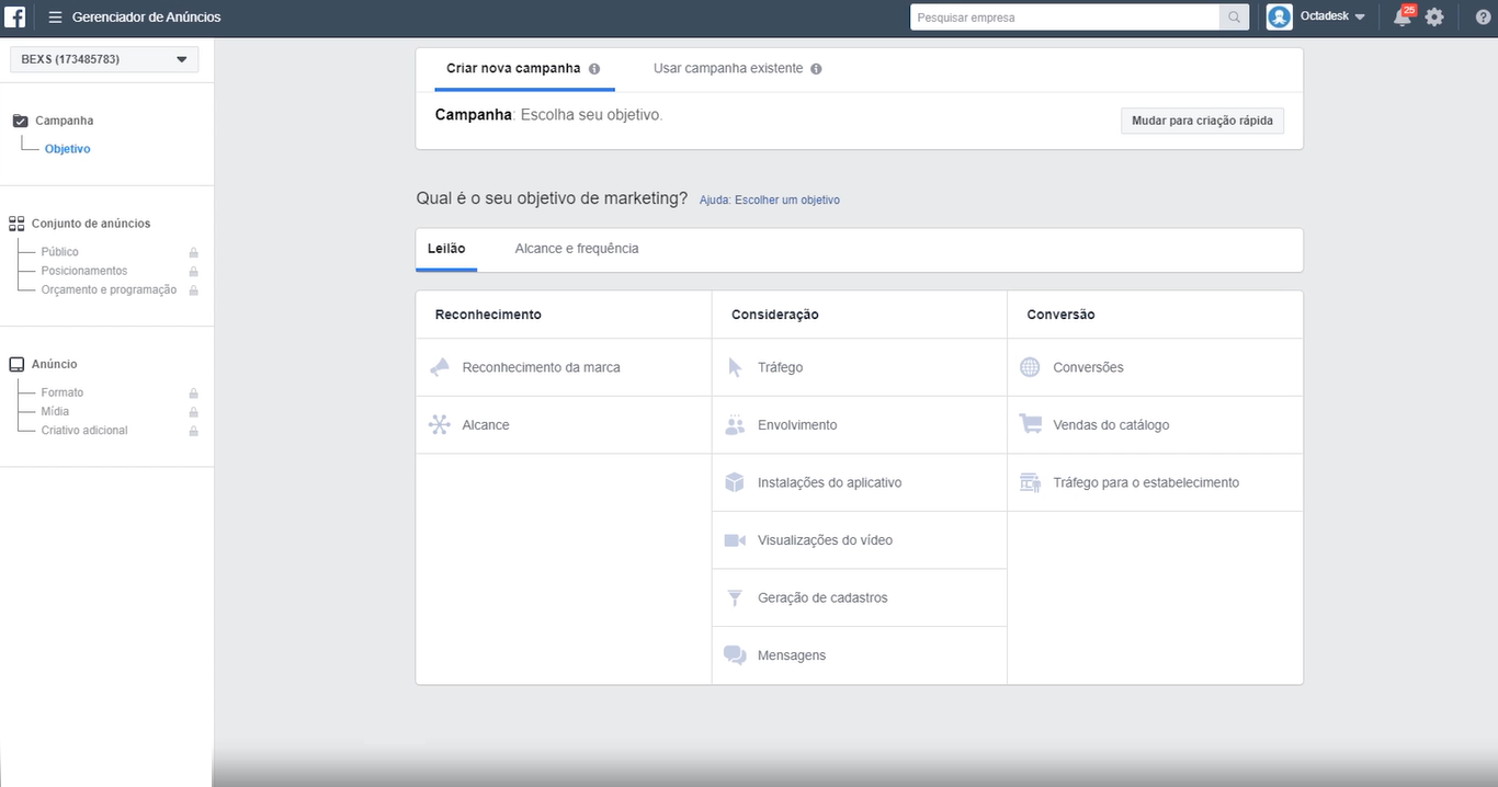 definição de objetivo de campanha dentro do gerenciador de anúncios do Facebook