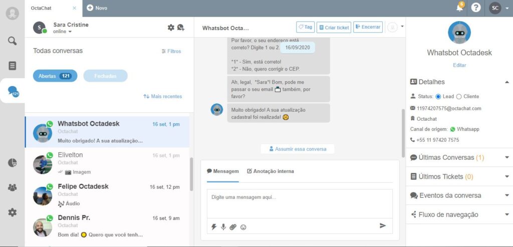 Conversa de Whatsapp com contato dentro do Octadesk