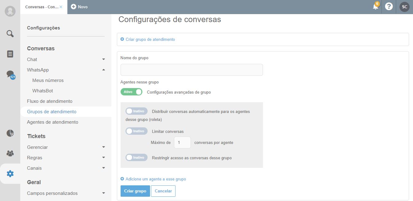 Configurações de conversas no Octadesk