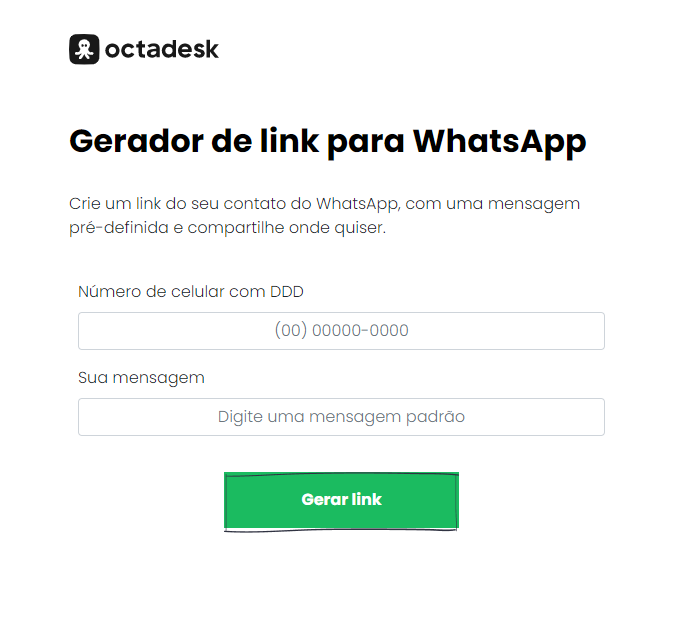 página do gerador de link do WhatsApp da Octadesk