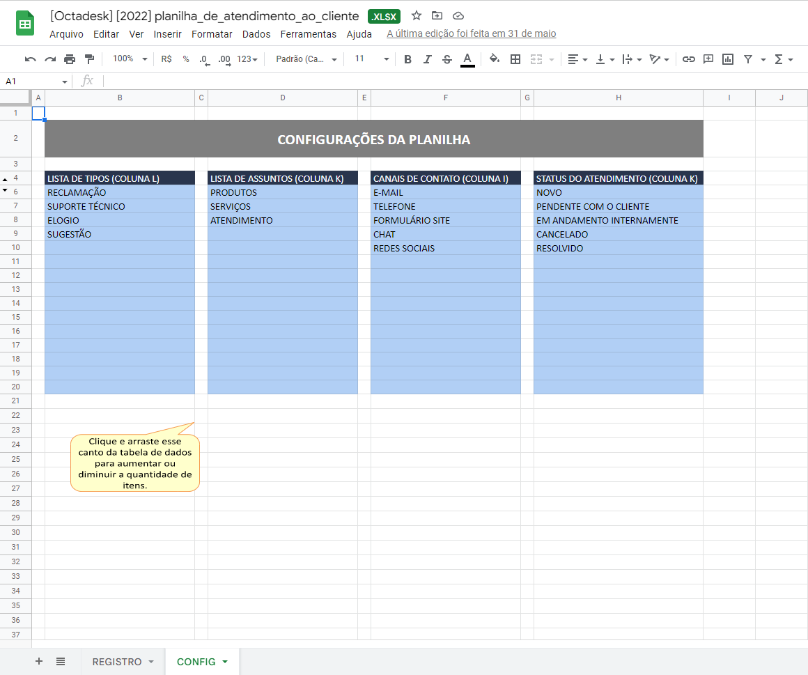 Configurações planilha de atendimento ao cliente