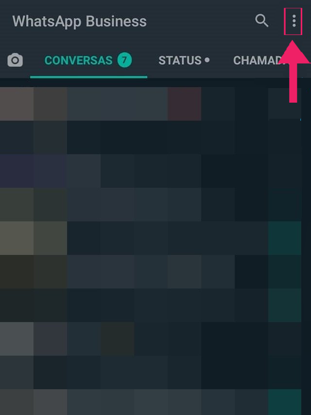 Captura de tela do Whatsapp Business com uma seta sinalizando o local das "reticências" 