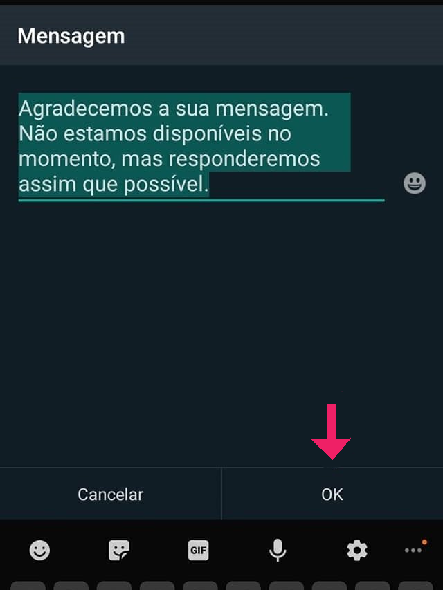 Captura de tela do Whatsapp Business com um exemplo de mensagem de ausência