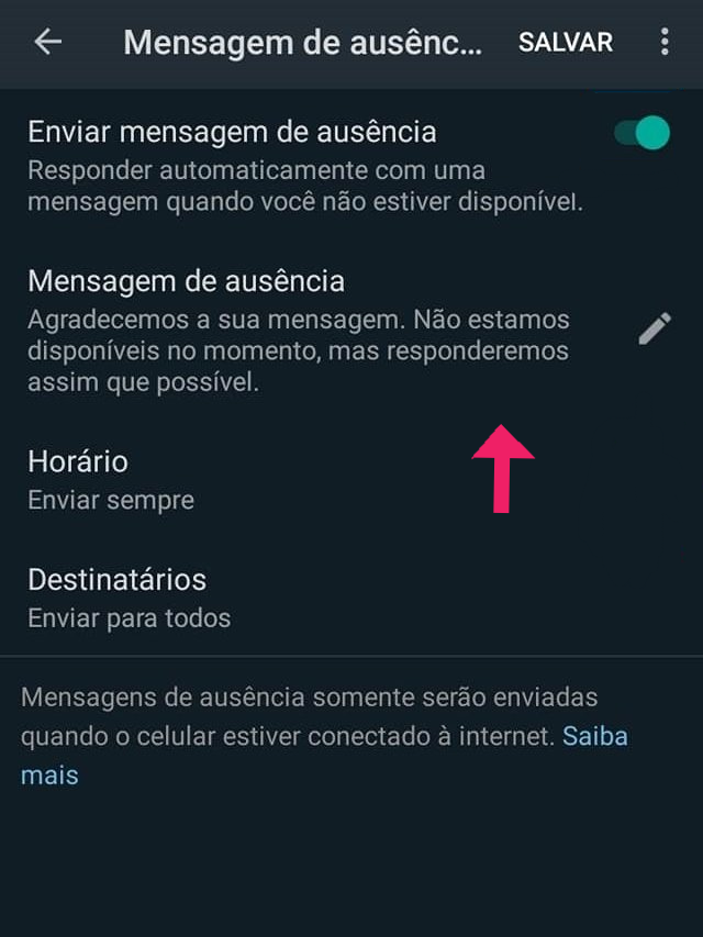 Captura de tela do Whatsapp Business focando em "mensagem de ausência"