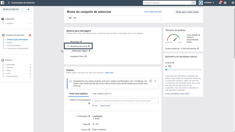 Captura de tela do gerenciador de anúncios do Facebook com destaque para Whatsapp Business