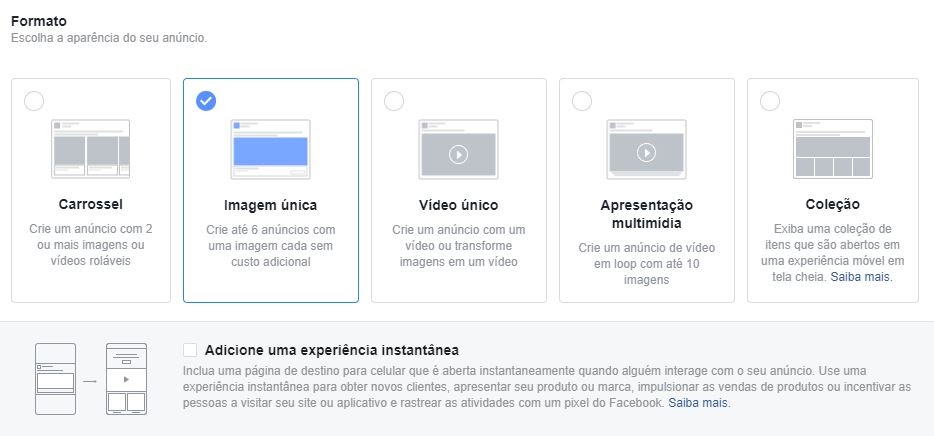 Captura de tela do gerenciador de anúncios do Facebook com destaque para escolha do formato de anúncio