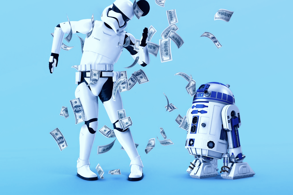 Stormtrooper e R2-D2 do Star Wars dançando e notas de dólar caindo sobre eles