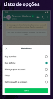 Menu de opções no WhatsApp