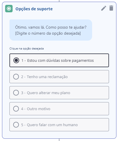 Adicione opções de autoatendimento no chatbot