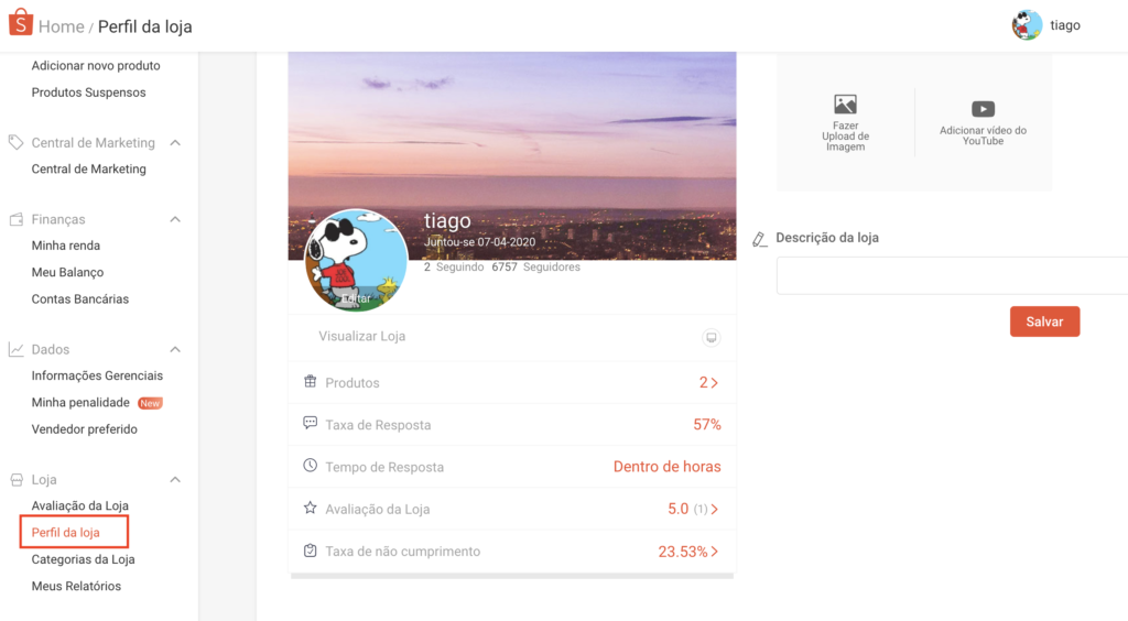 Perfil de loja na Shoppee