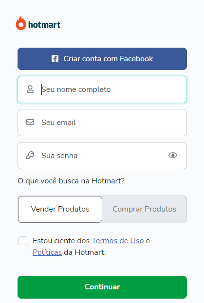 Página de cadastro na plataforma da Hotmart