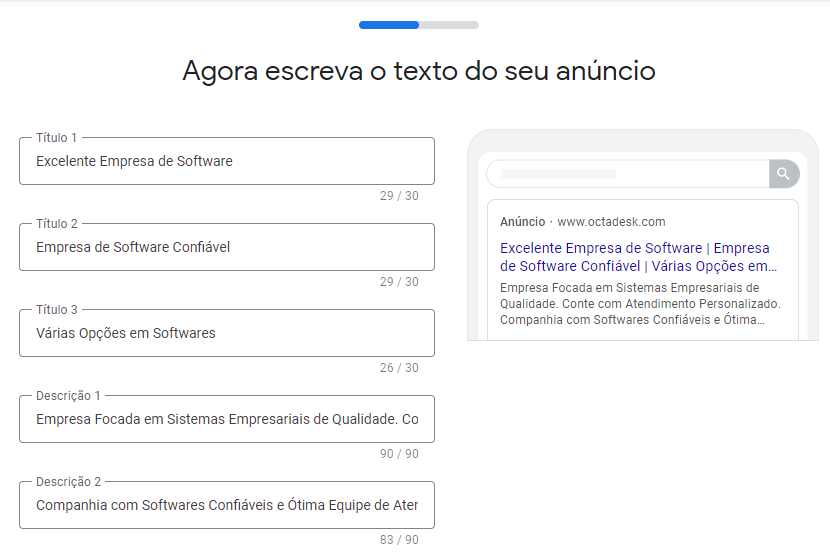 Espaço para escrever texto do anúncio no Google Ads