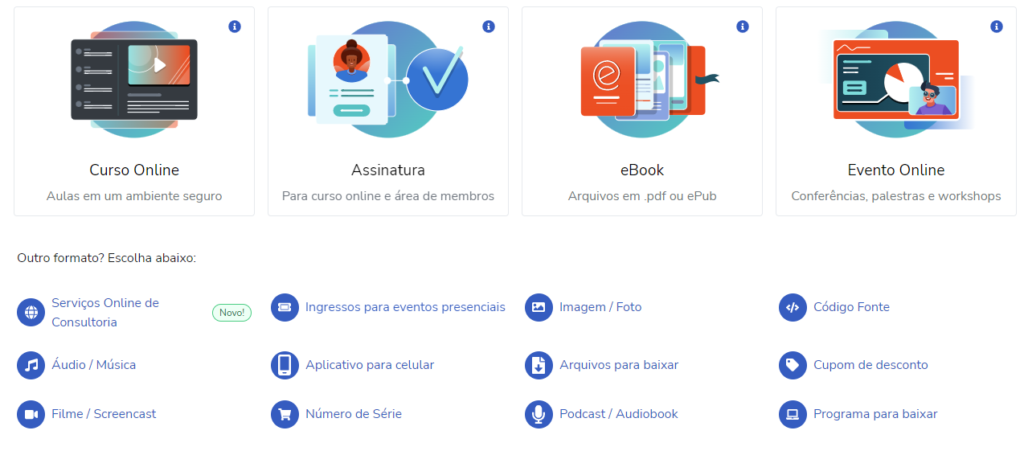 Página de escolha de infoprodutos na Hotmart