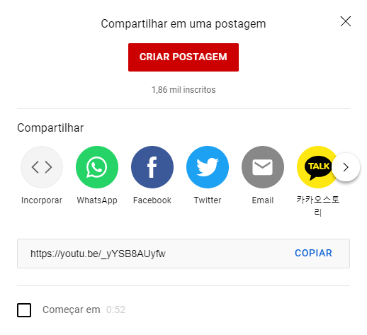 Opções de compartilhamento de vídeo oferecidas pelo YouTube: WhatsApp, link incorporado, Facebook, Twitter, E-mail