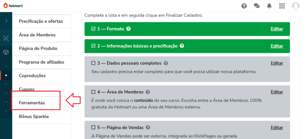Menu da Hotmart com destaque para "ferramentas"