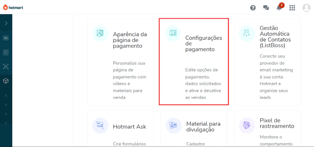 Configurações de pagamento na Hotmart