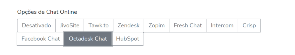 Seleção do Octadesk Chat nas opções de Chat Online