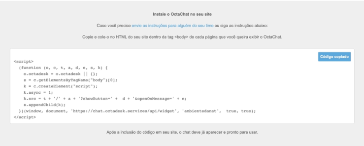 Copiar código de chat no Octadesk